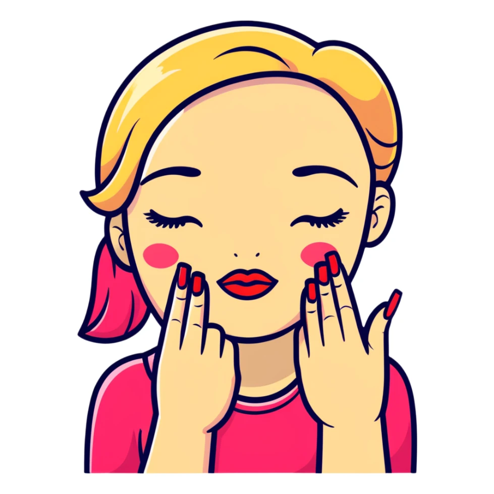 A cute face with closed eyes that form upward curved lines, eyelashes, pursed lips with lipstick, and a hand gesture with only the thumb out while other fingers are closed, all nails painted sticker