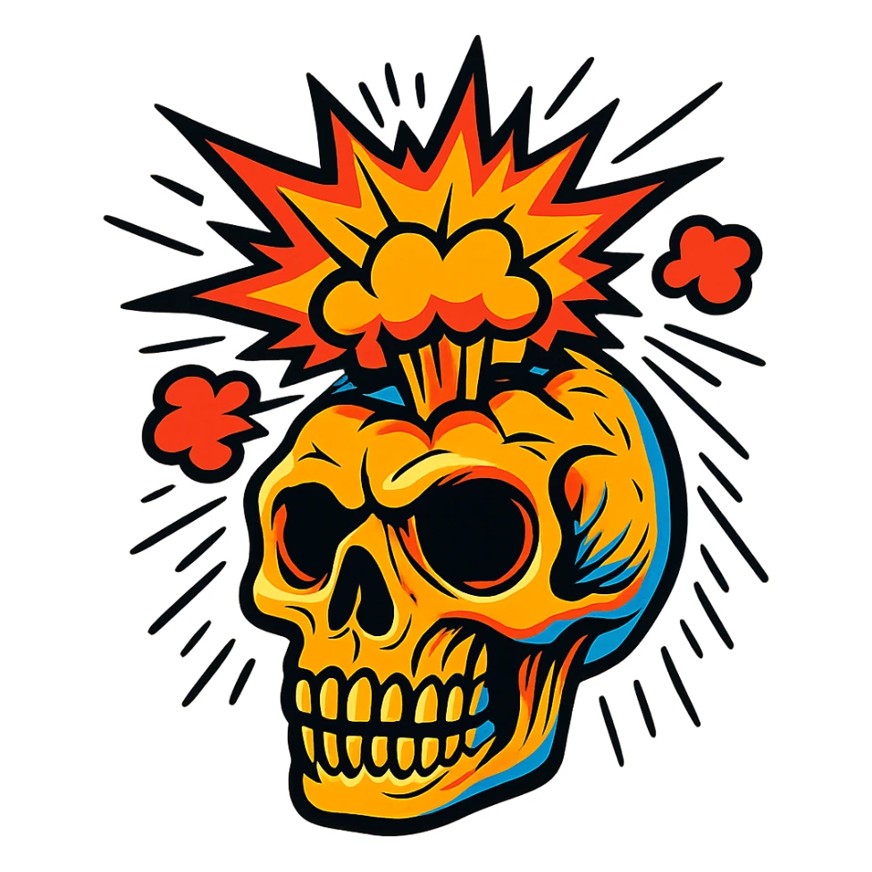 a stylized skull with comic-style explosion above it, bold lines, vibrant, no background sticker