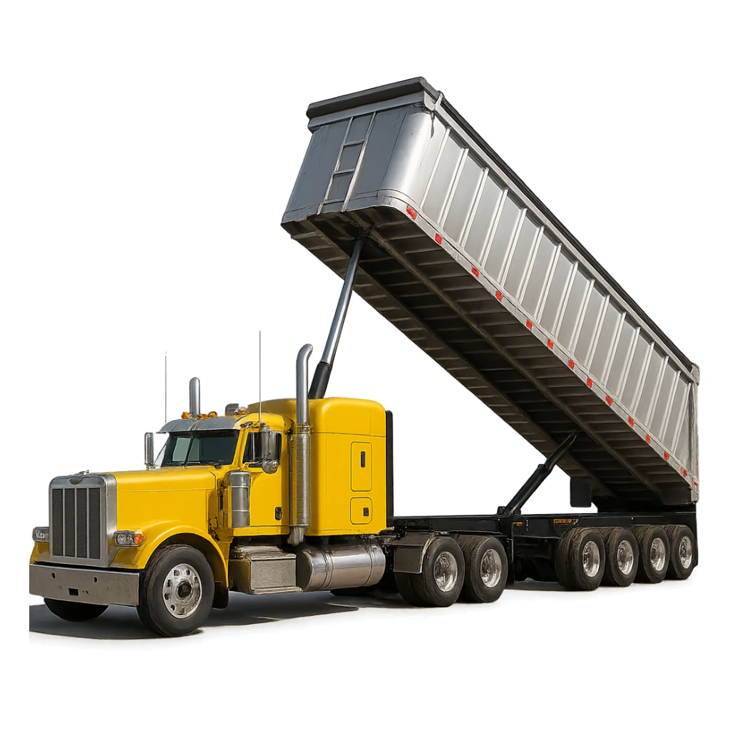 highly photorealistic long silver end dump trailer in the raised dump position, attached to a yellow semi sleeper truck, detailed textures, realistic lighting sticker