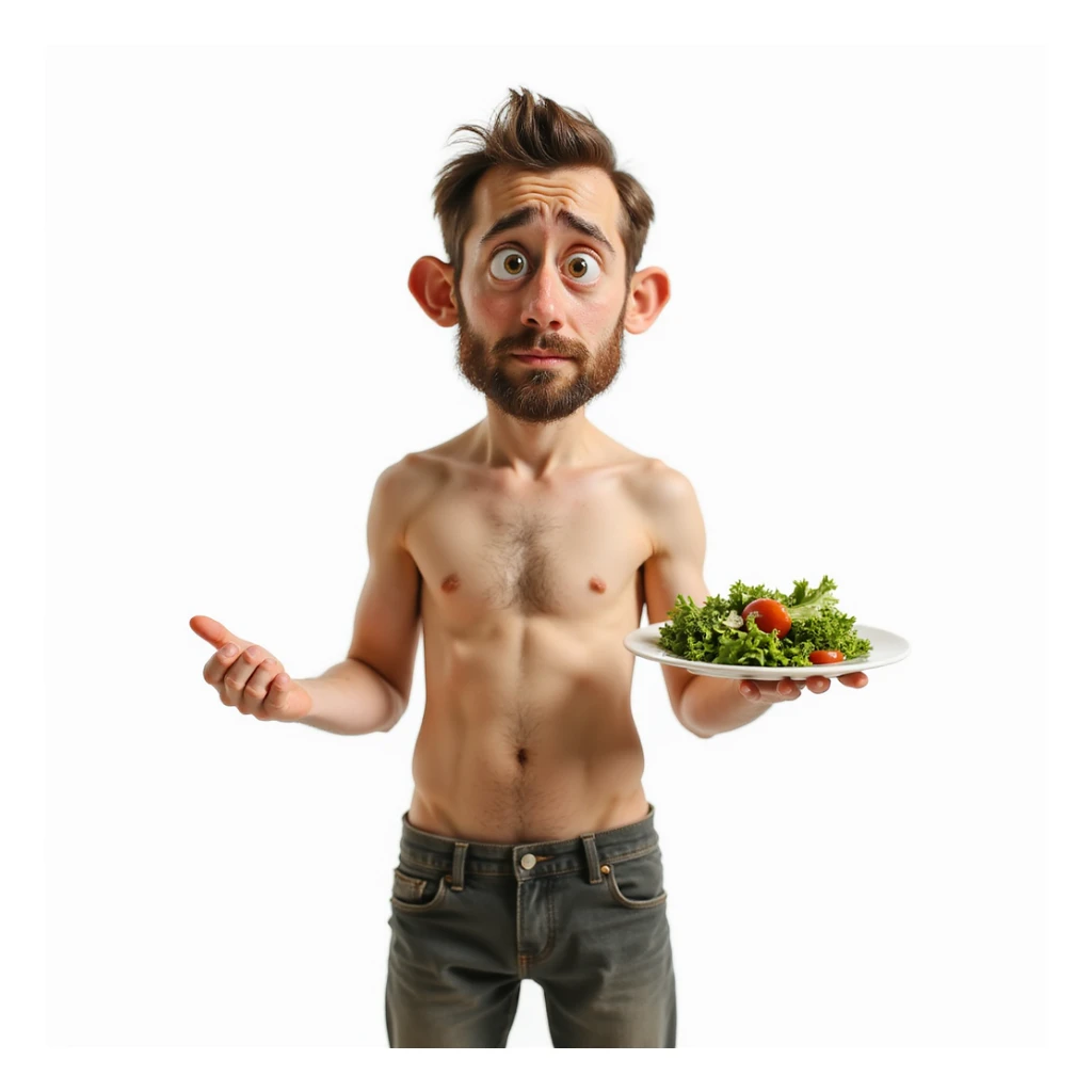 realistic man, thin and undefined physique, sad expression, plate with only salad, caption in Italian: “Mancanza di grassi salutari: effetti negativi su corpo e salute”, isolated on white background sticker