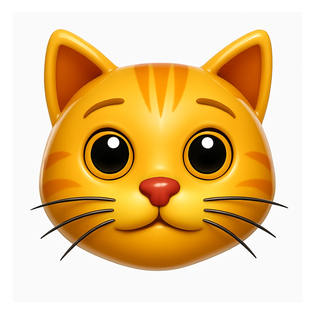 Remove the antenna thing on top of the cat's head. Keep the image exactly the same otherwise. Add a glossy effect to the fur. The style is iOS emoji style, 3D, shiny, smooth gradients, soft shadows, realistic cat face, classic emoji look. sticker