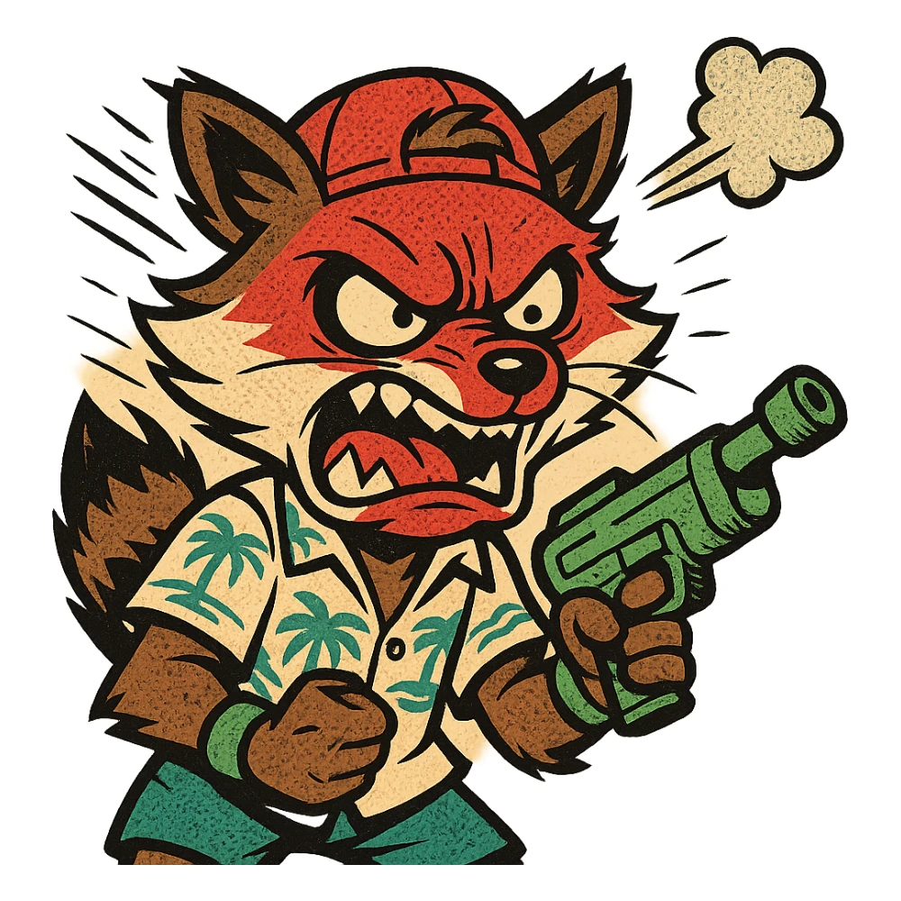 Rocket Raccoon Marvel Rivals summer skin, comic book style, angry with red head, small smoke on ear, no background, based on attached reference sticker