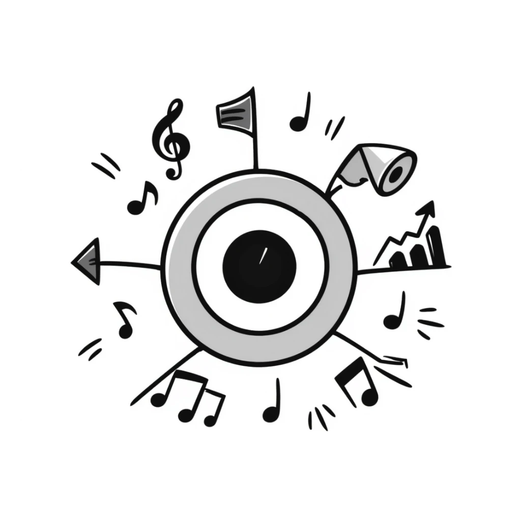 symmetrical target with musical marketing elements such as musical notes, speakers, growth charts, doodle style, square emoji format, suitable for online course cover sticker