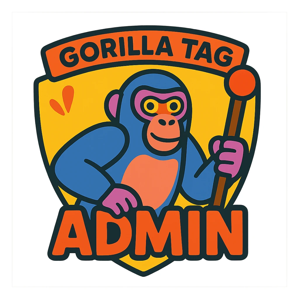 badge for a Gorilla Tag admin, cartoon gorilla holding a staff, word 'ADMIN' bold playful font, vibrant colors sticker