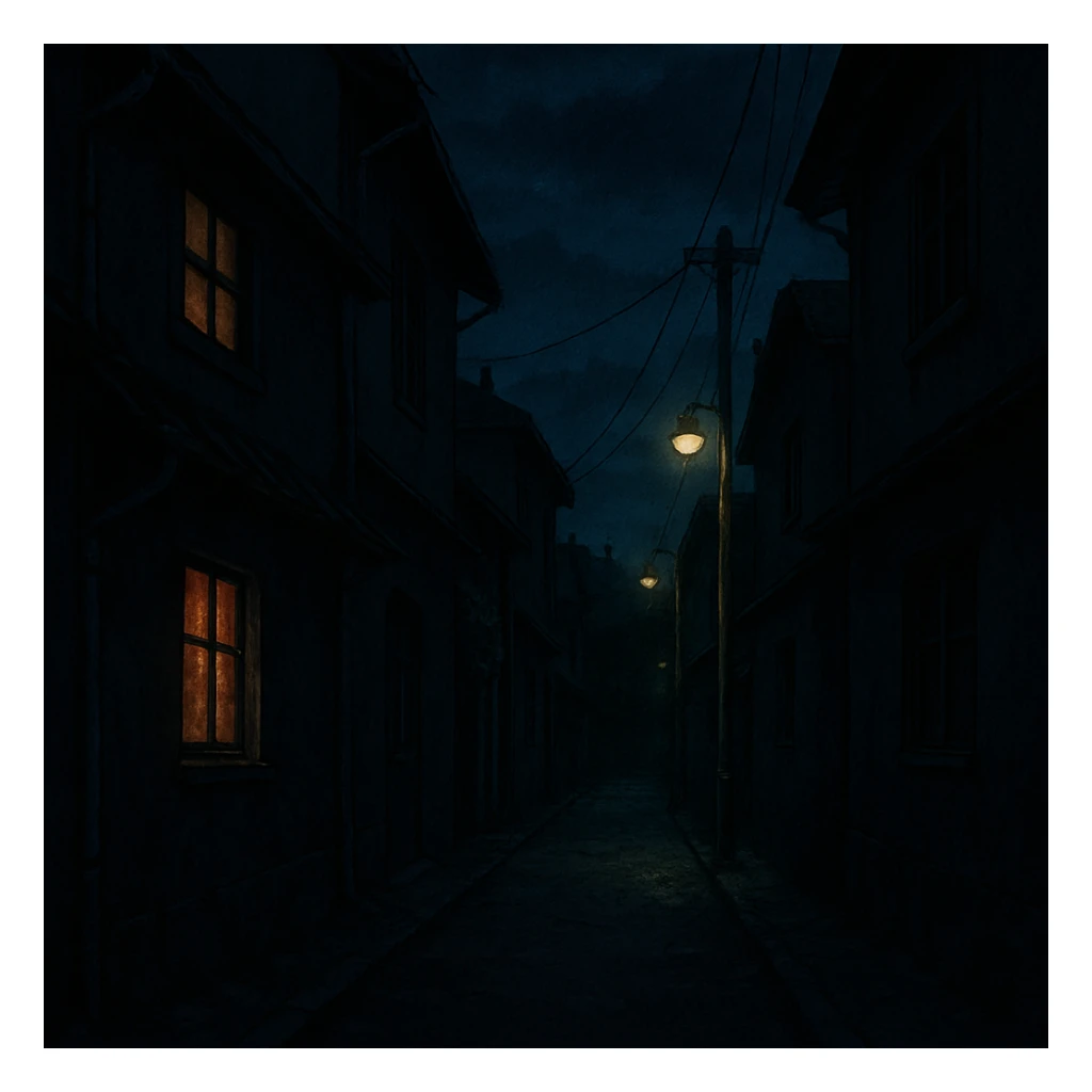 dark alley, dark street among houses sticker