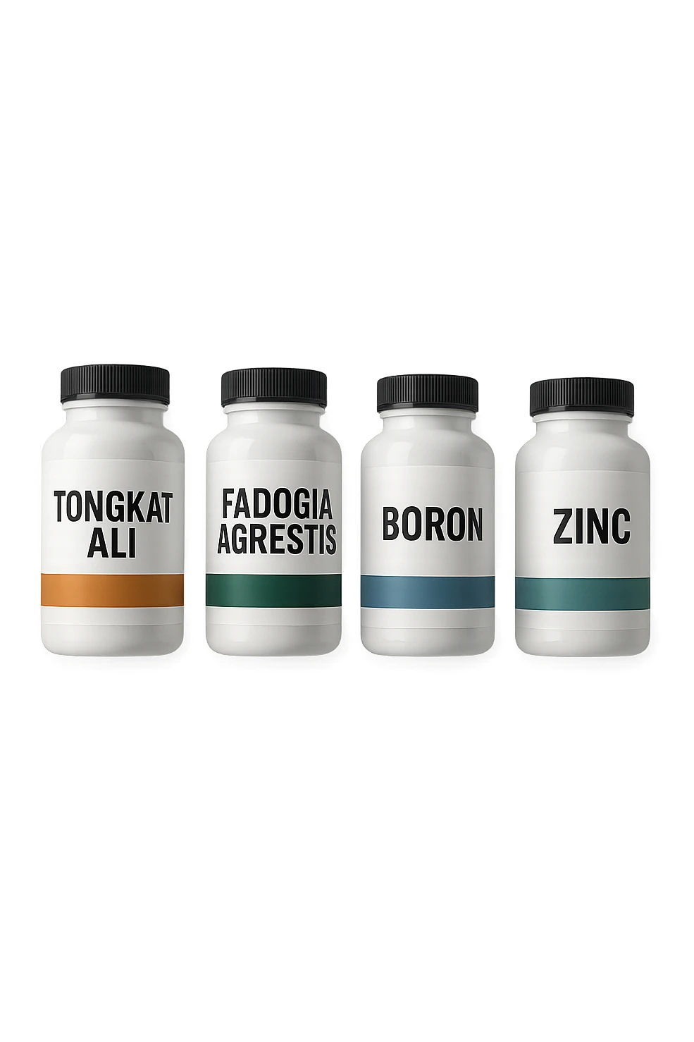 4 boccette di integratore: Tongkat Ali, Fadogia Agrestis, Boron e Zinco fluttuano in aria verticalmente sticker