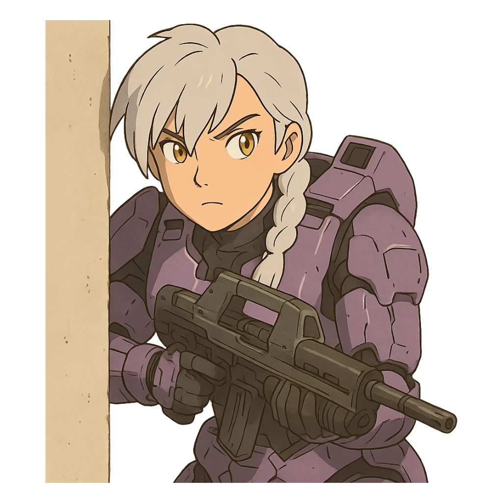 female, wearing reach spartan armor default, long white braid hair with massive messy front side single bangs, gold yellow eyes, attention pose, HALO:series, no helmet, the armor is lavender color scheme, shoulder pad off. DDD bust size fitting. Punk gothic cyberpunk, peeking around a corner while aiming a classic HALO1 AR, tactical, lean sticker