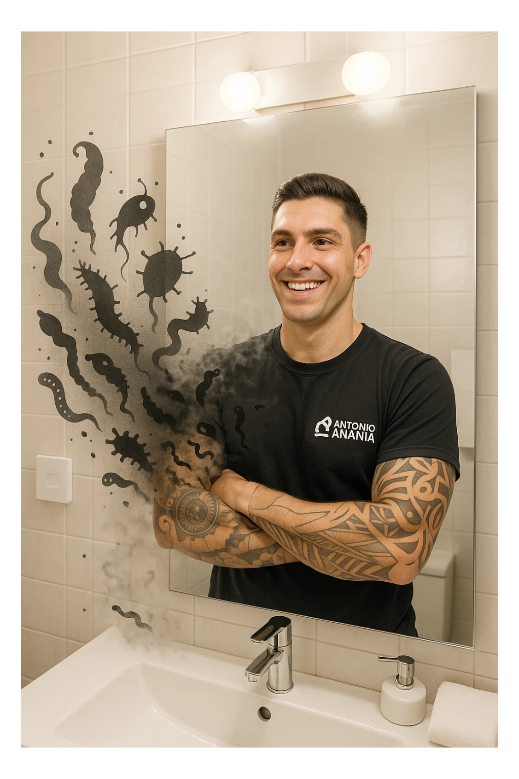 a man stands in a brightly lit bathroom, looking relieved and revitalized as he examines his reflection in the mirror. In the foreground, stylized, shadowy images of parasites (such as worms or protozoa) are shown leaving his body, dissolving into mist or fading away. His posture is upright and his expression is one of newfound energy and health. sticker