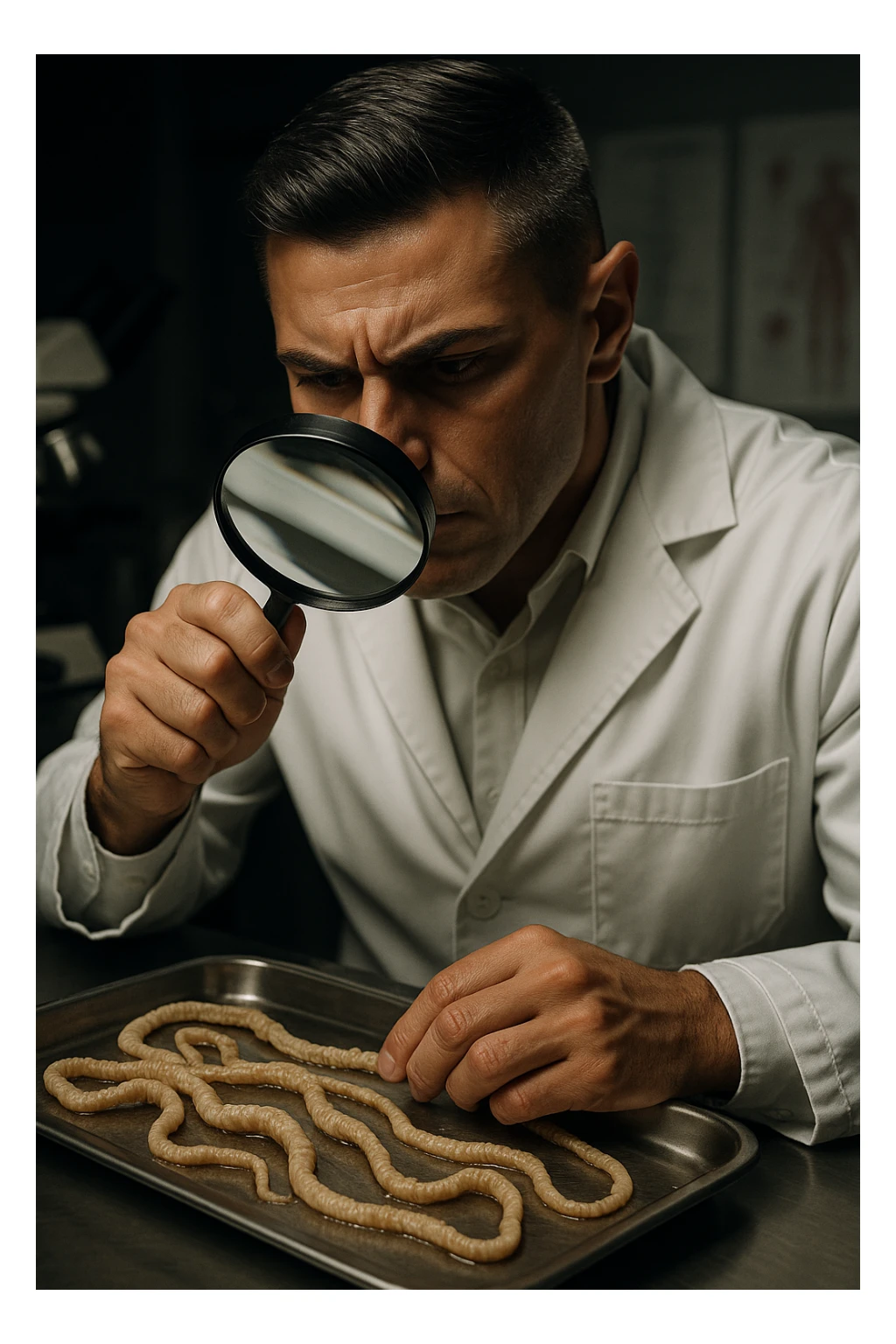 A middle-aged male kinesiologist wearing a pristine white lab coat, intensely analyzing long, beige tapeworms (like Taenia) under a magnifying glass. His expression is focused and slightly concerned, with dramatic studio lighting casting sharp shadows. The parasites are highly detailed, moist, and textured, stretched across a sterile metal tray. The background is blurred but suggests a clinical environment—hints of a microscope, medical charts, and clean lab equipment. The style is hyper-realistic, with a cinematic contrast between the bright white coat and the grotesque, organic forms of the parasites. No sci-fi elements, just raw medical realism with a disturbing edge sticker