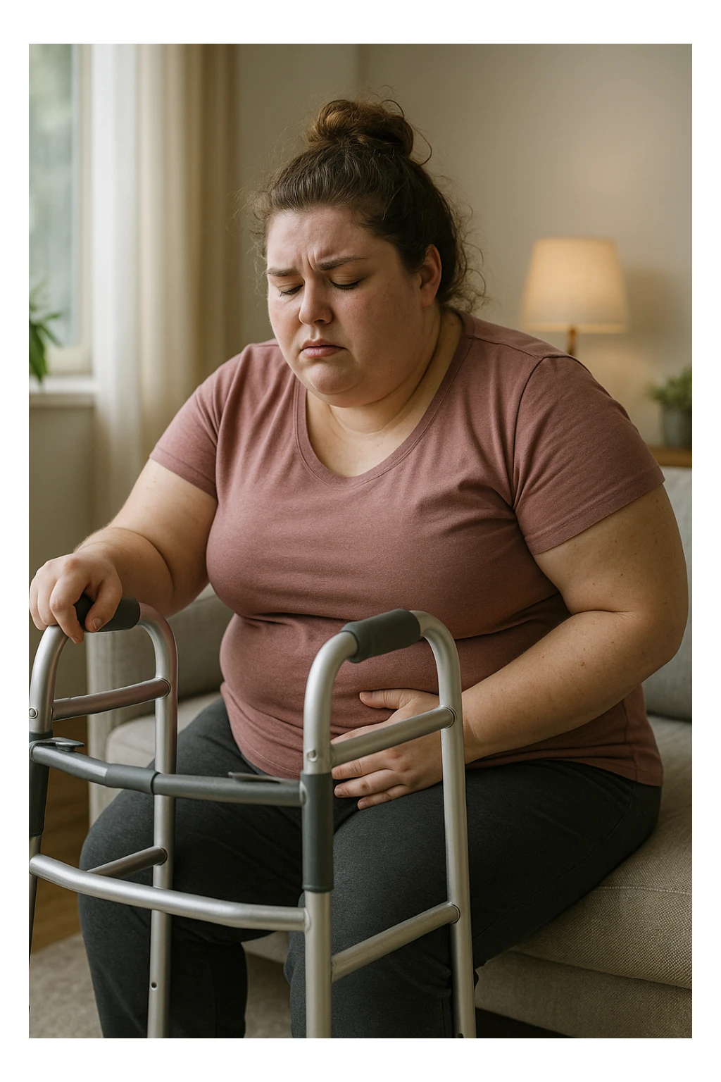 Donna con problemi difficoltà  nella mobilità a causa della sua PCOS, immagine realistica sticker