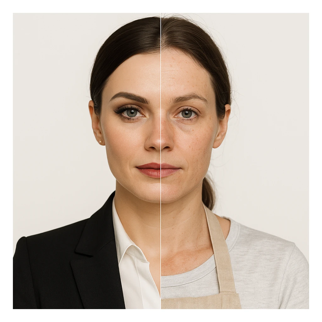 hyper realistic split-image of a woman, left side with elegant makeup and business suit, right side natural face, kitchen apron, white background, sharp contrast, symmetrical sticker