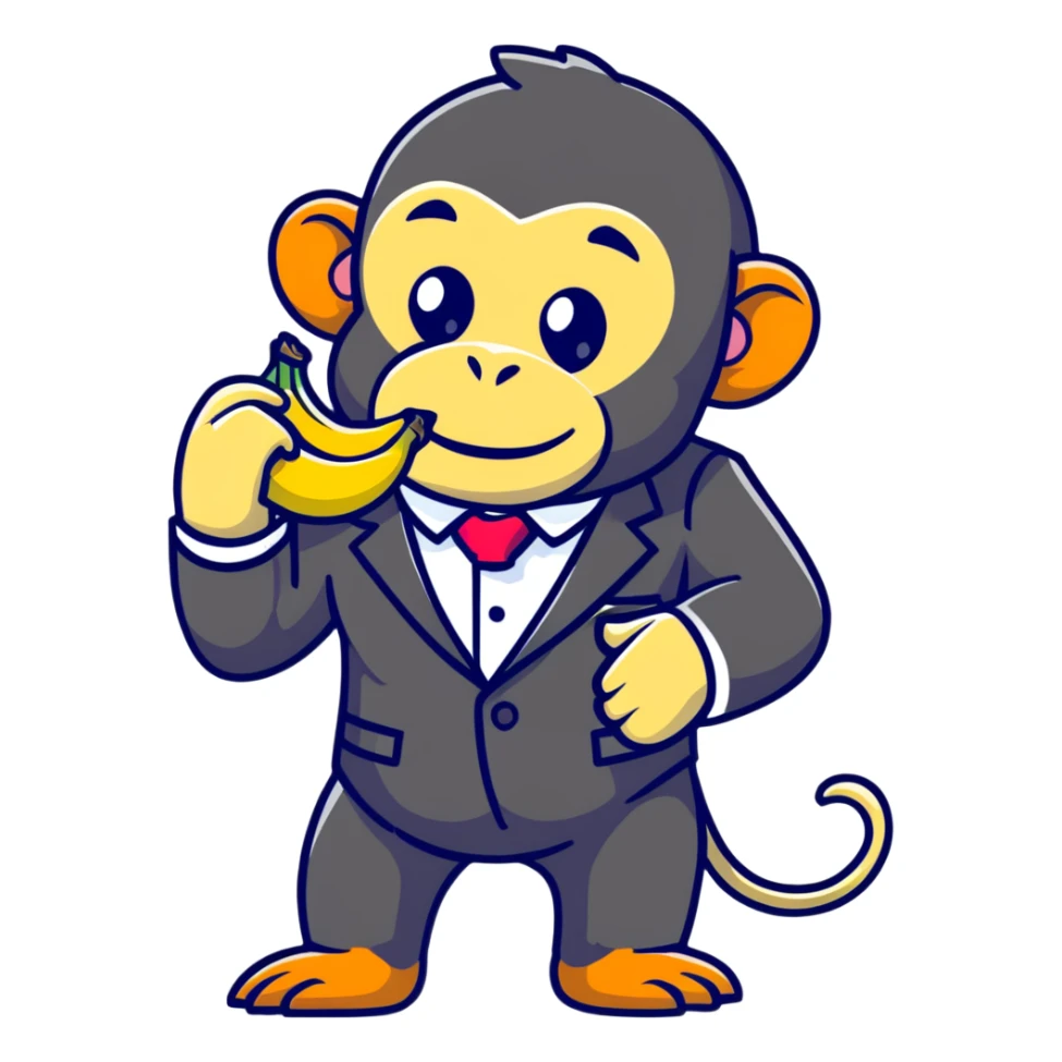 chimpanzee wearing a fancy suit eating a banana sticker