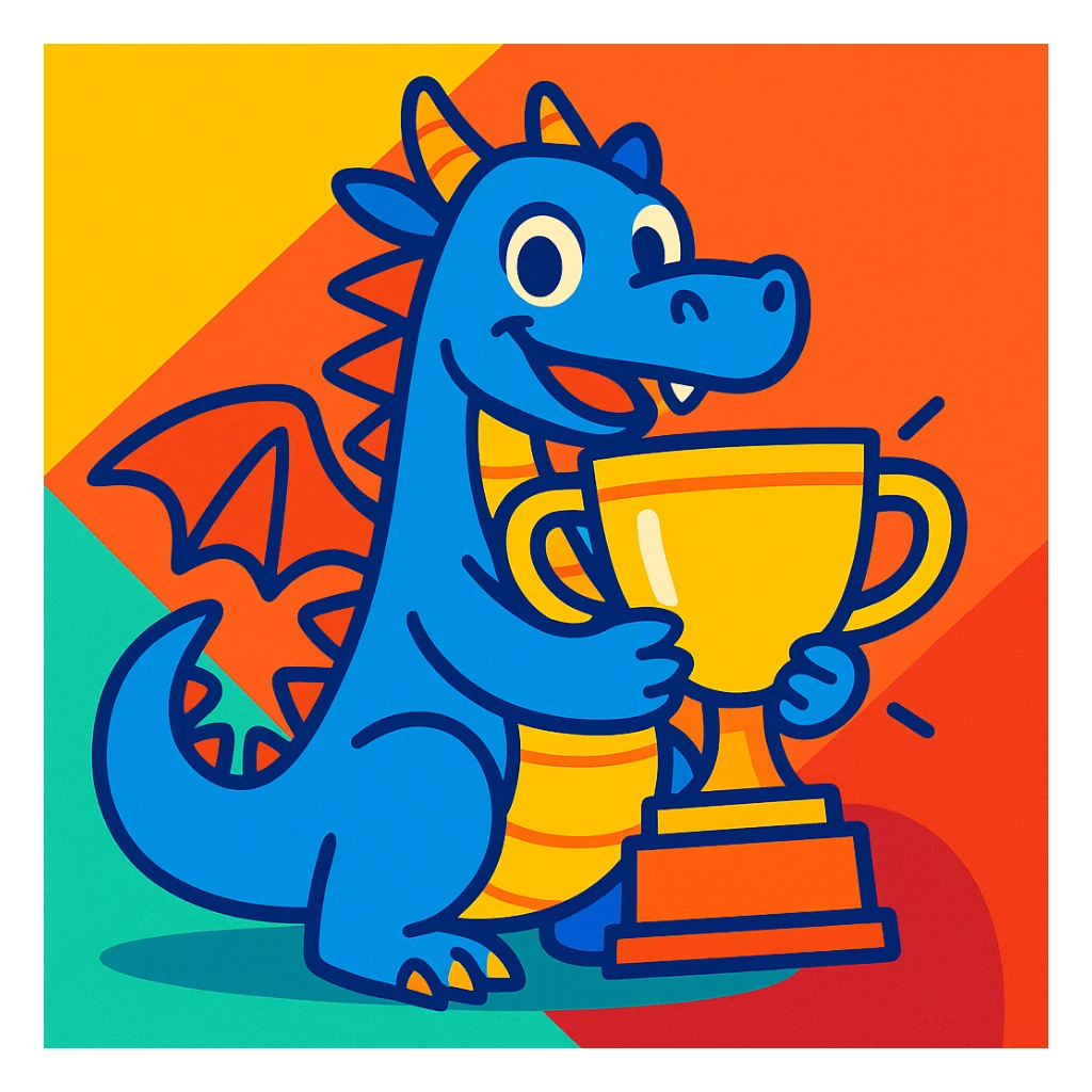 blue dragon holding a trophy, vibrant and playful sticker