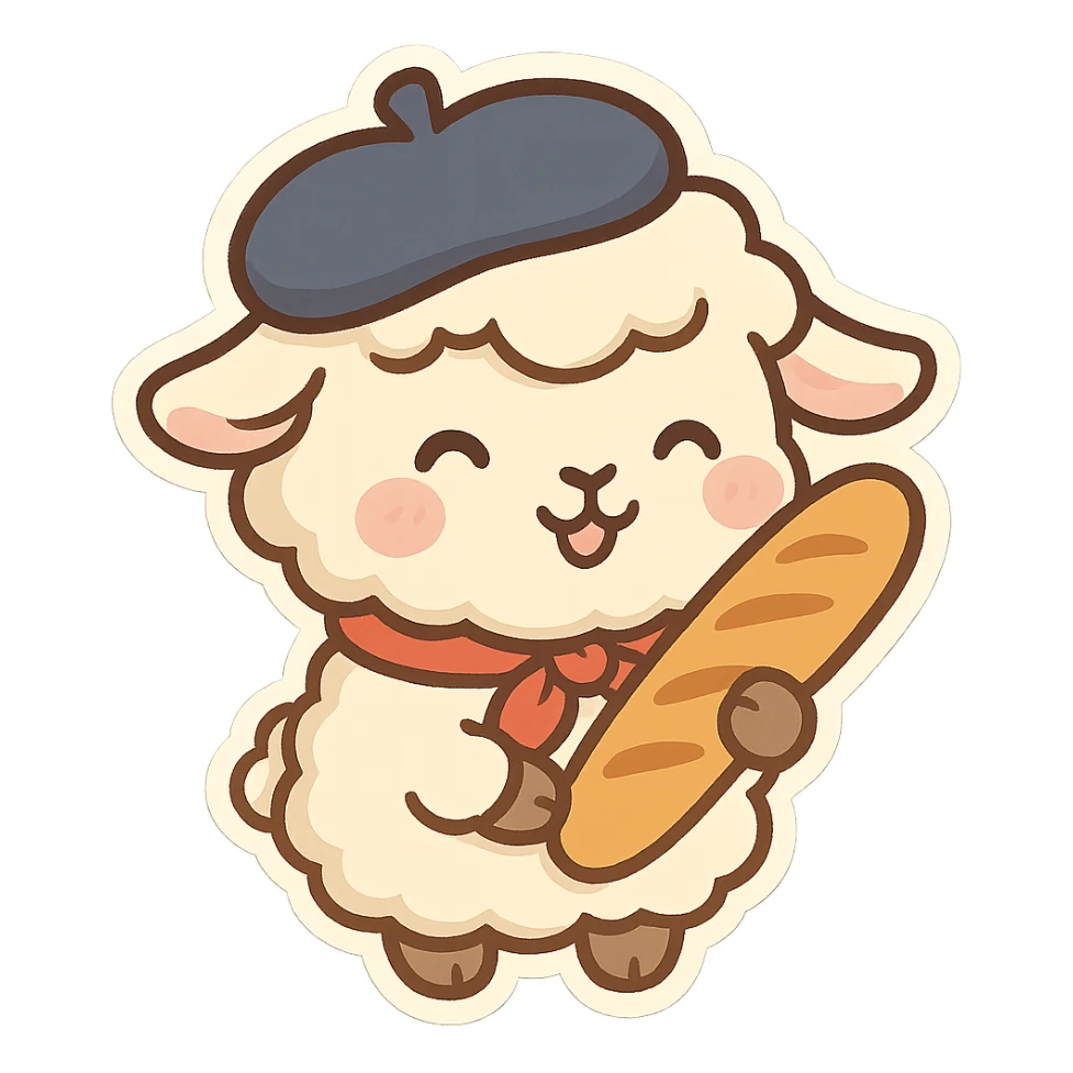 French sheep with a beret, carrying a baguette, cheerful style, chibi stickers style sticker