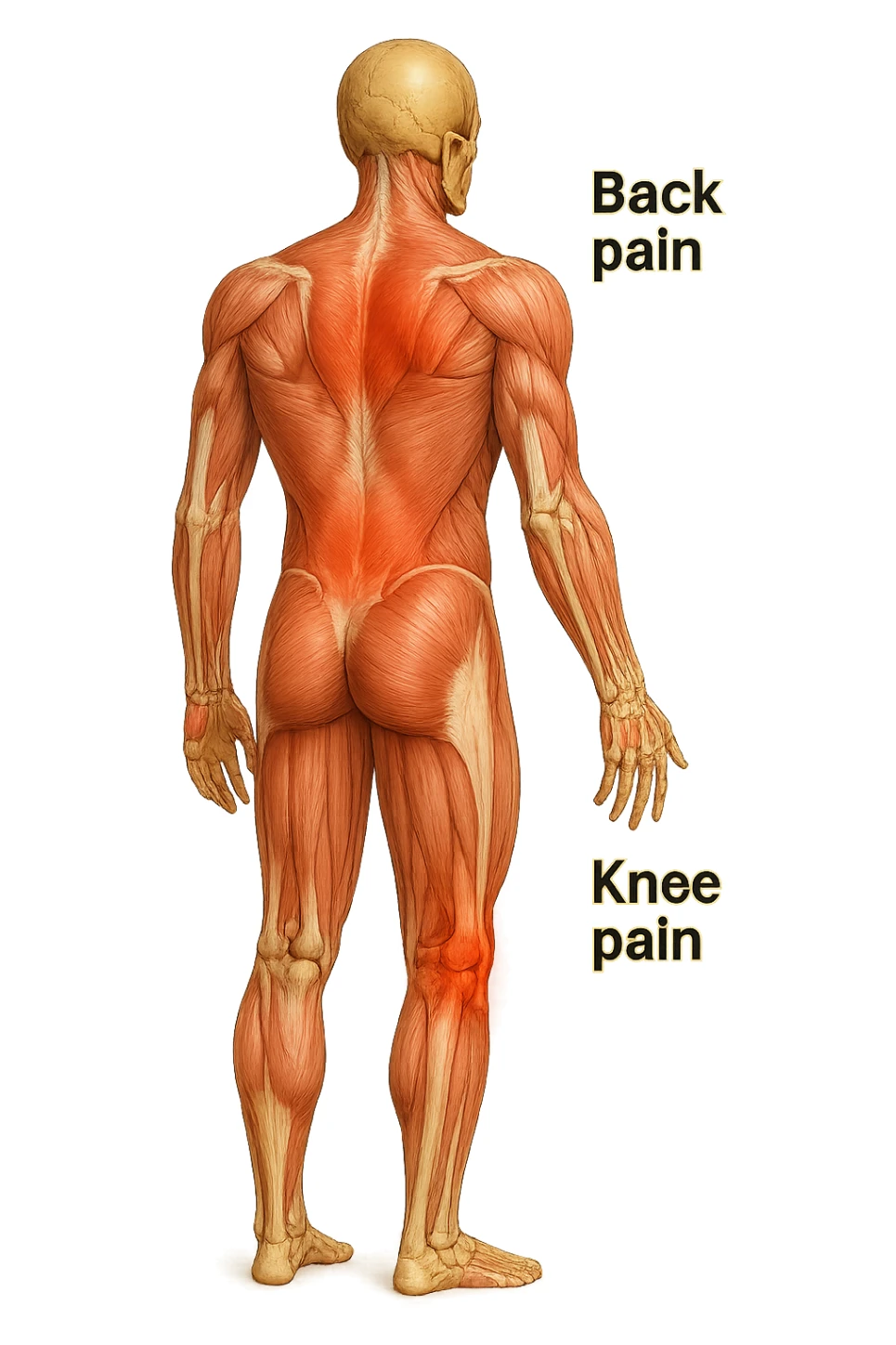 corpo umano anatomico con mal di schiena e al ginocchio, iperrealiùstico 4k sticker