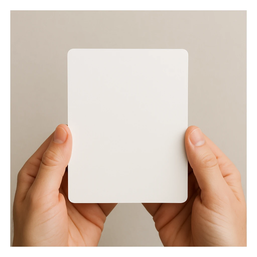 hands gently holding a card, thumbs on the front and fingers behind, clear view of the card, neutral background sticker