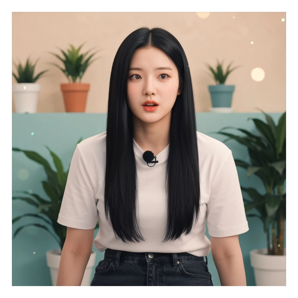 kpop girl with black hair, cute, expressive, minimal sticker