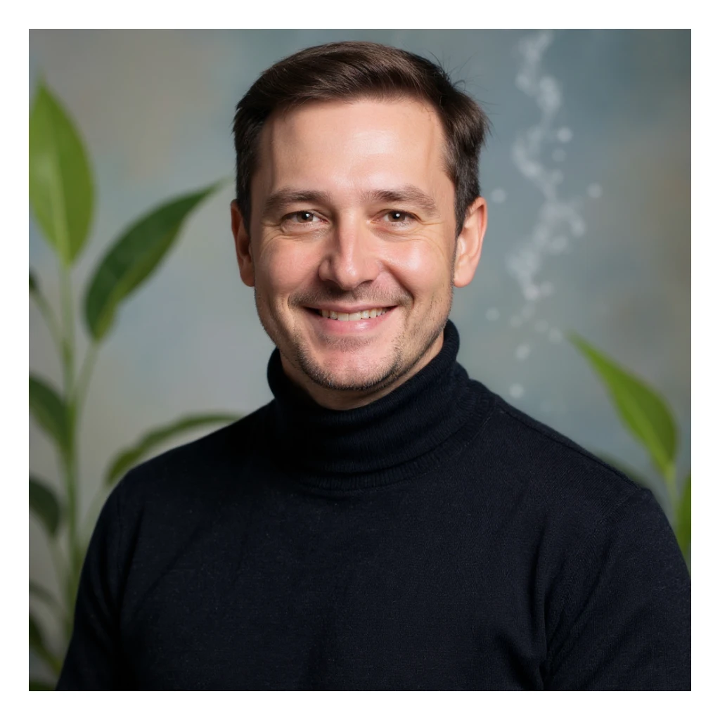 Vertical portrait of a man's face in a realistic style with a smiling expression. Include symbols of leaves and flowing water near the face. The atmosphere should convey purification and vitality. sticker