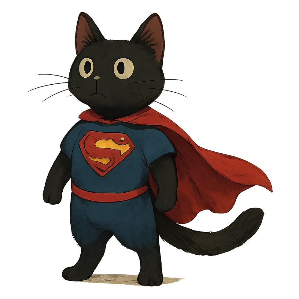 ghibli style super man cat with black fur sticker
