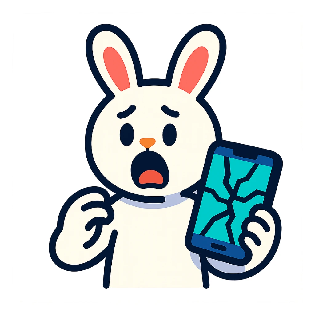 white bunny holding cracked phone with shocked face, vibrant-toon style sticker