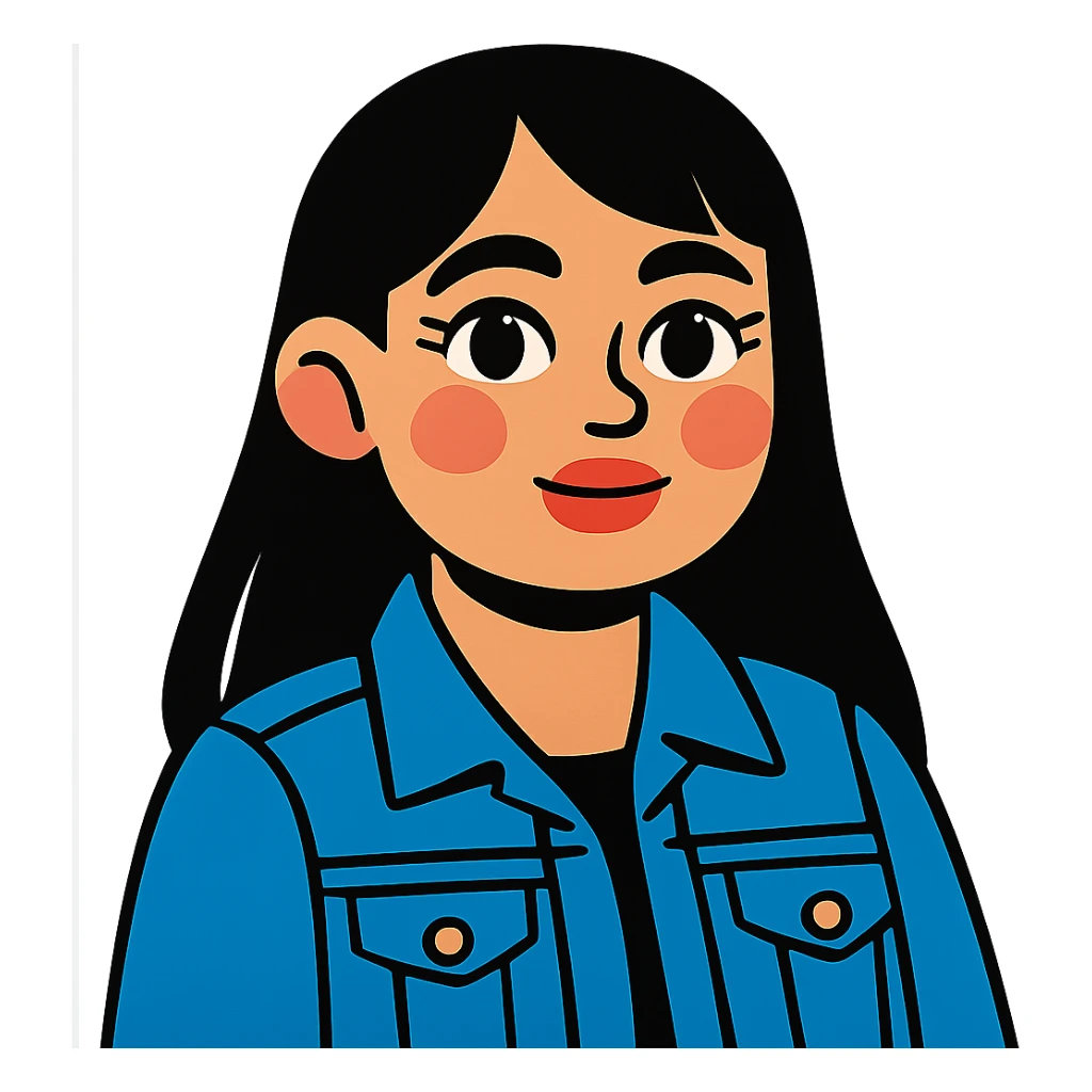 light skinned girl with round, slightly upturned brown eyes with long lashes, medium sized full blush colored lips, slightly chubby cheeks, long straight black hair, wearing a trendy denim jacket sticker