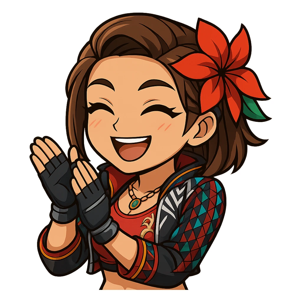 Azucena from Tekken 8 in chibi sticker style, clapping with a big smile, wearing the detailed red and patterned outfit from the reference images, designed for Twitch emote use. sticker