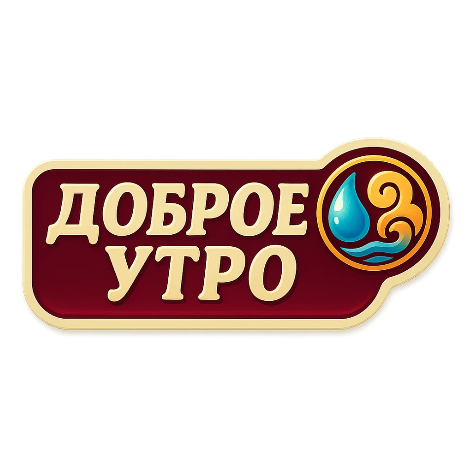 elongated horizontal banner with text 'Доброе утро', retro sticker style, burgundy background, beige letters, concise feng shui ornament with water and wind elements, soft shadows, transparent background sticker