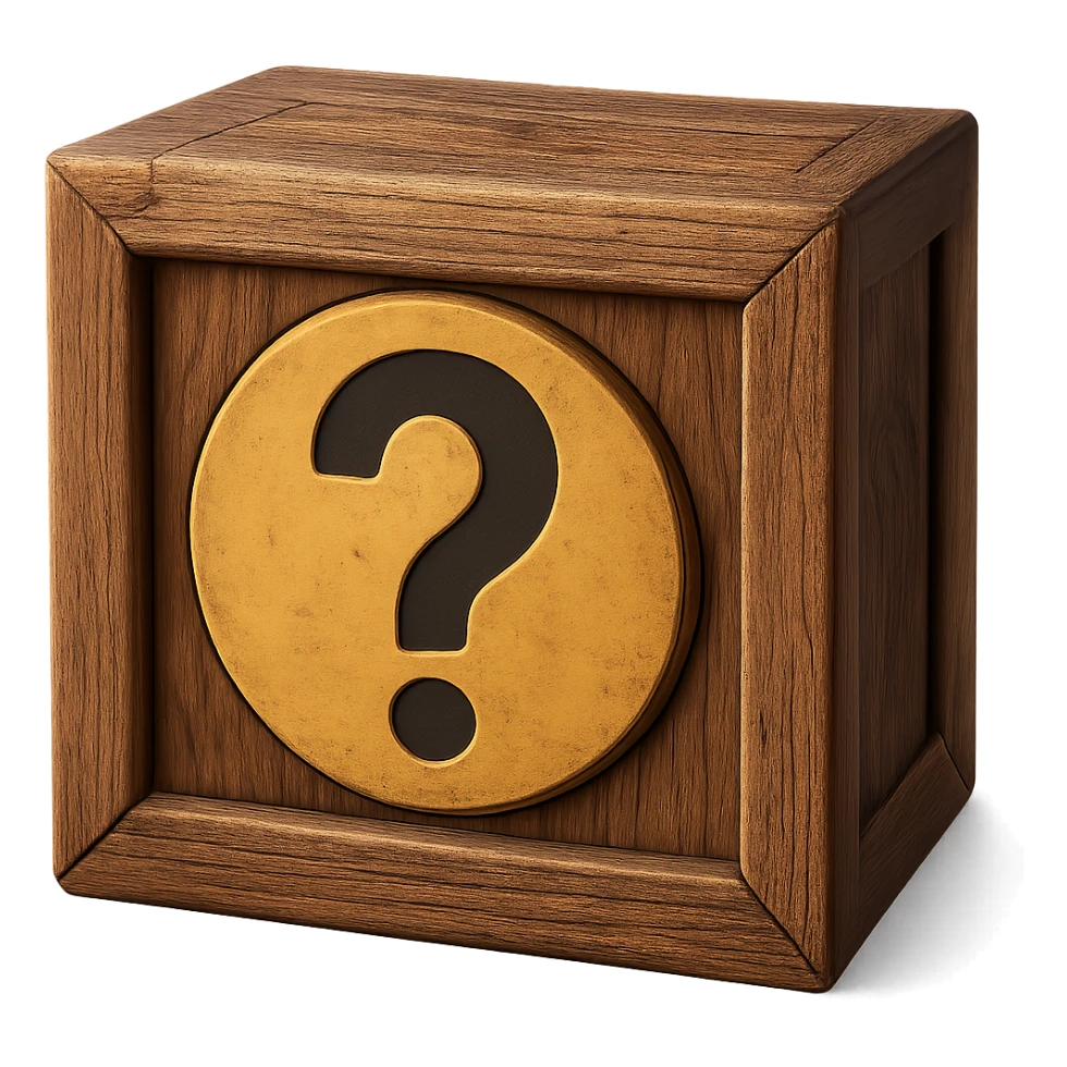 Realistic wooden crate with detailed wood texture, shading, and a three-dimensional effect. A clearly visible question mark on the crate. No background. Variant 1. sticker