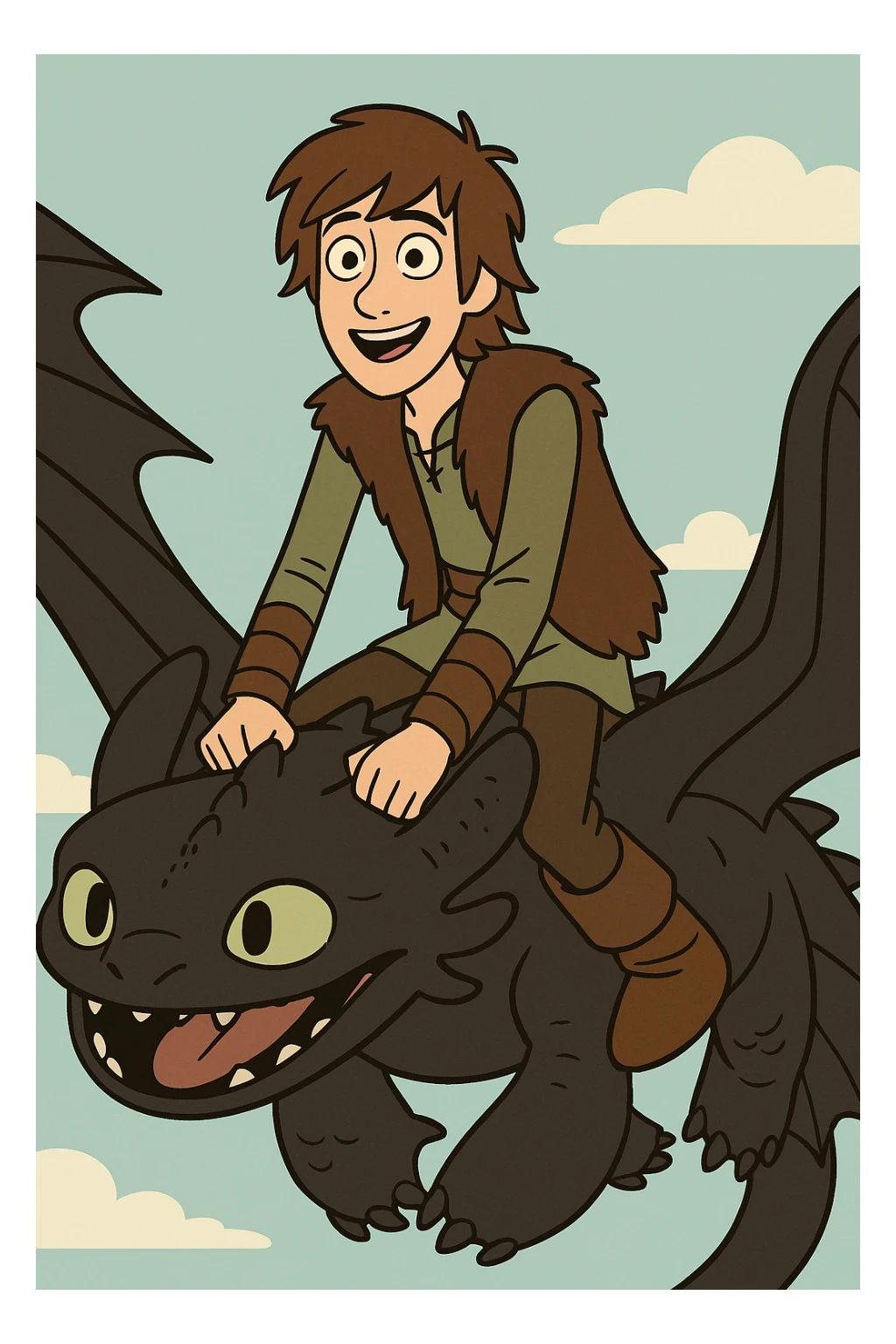 The main character from How to Train Your Dragon, a young Viking boy with brown hair, riding a dragon, animated style sticker