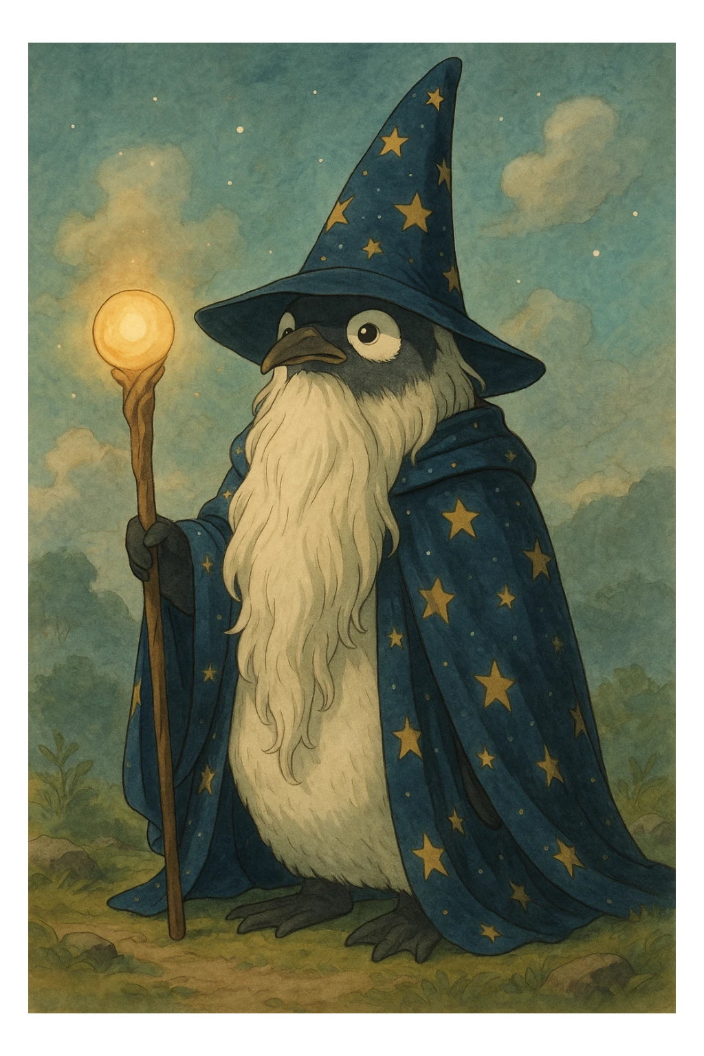 majestic penguin wizard with long beard, starry cloak, glowing staff, fantasy illustration style, detailed and magical sticker