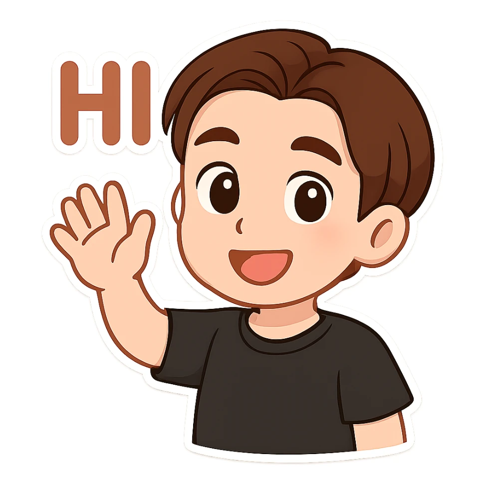 A cartoon man matching the reference image, waving with his right hand, smiling, with 'HI' written above his hand. He wears a plain black t-shirt with no spots. Style: chibi stickers. sticker