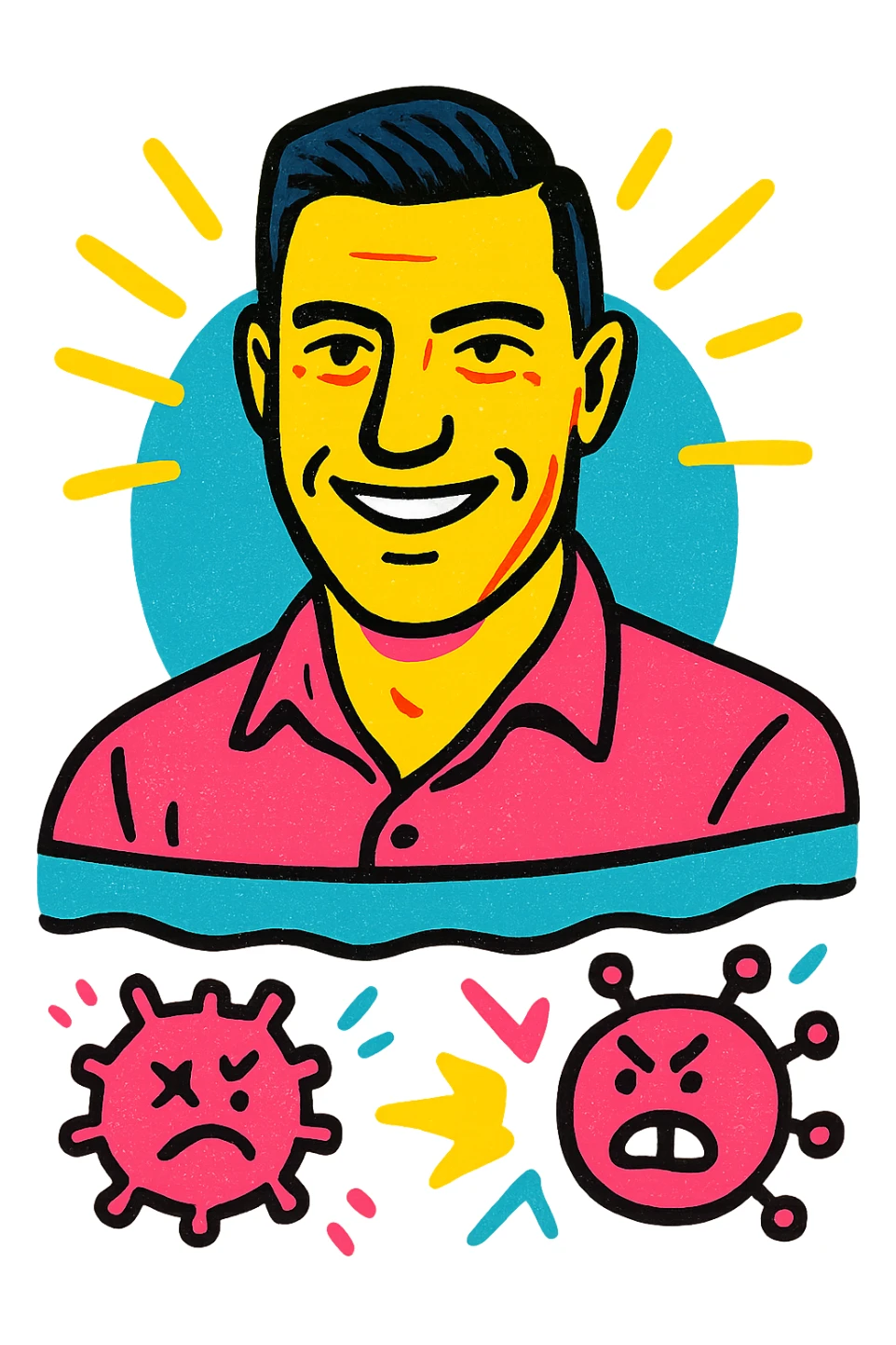 Vertical portrait of a man's face in a pop-art style with a smiling expression. Stylized parasites shatter against a colorful barrier, conveying an atmosphere of victory and well-being. sticker