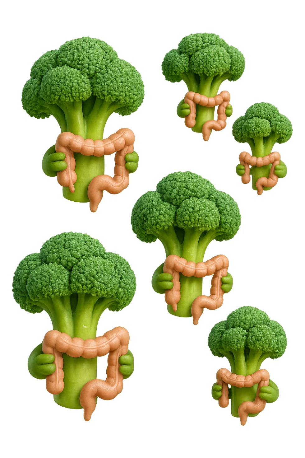 broccoletti stile emoji iphone fluttuano in aria stringendo in mano un pezzo di colon intestinale, iperrealistico 4k sticker