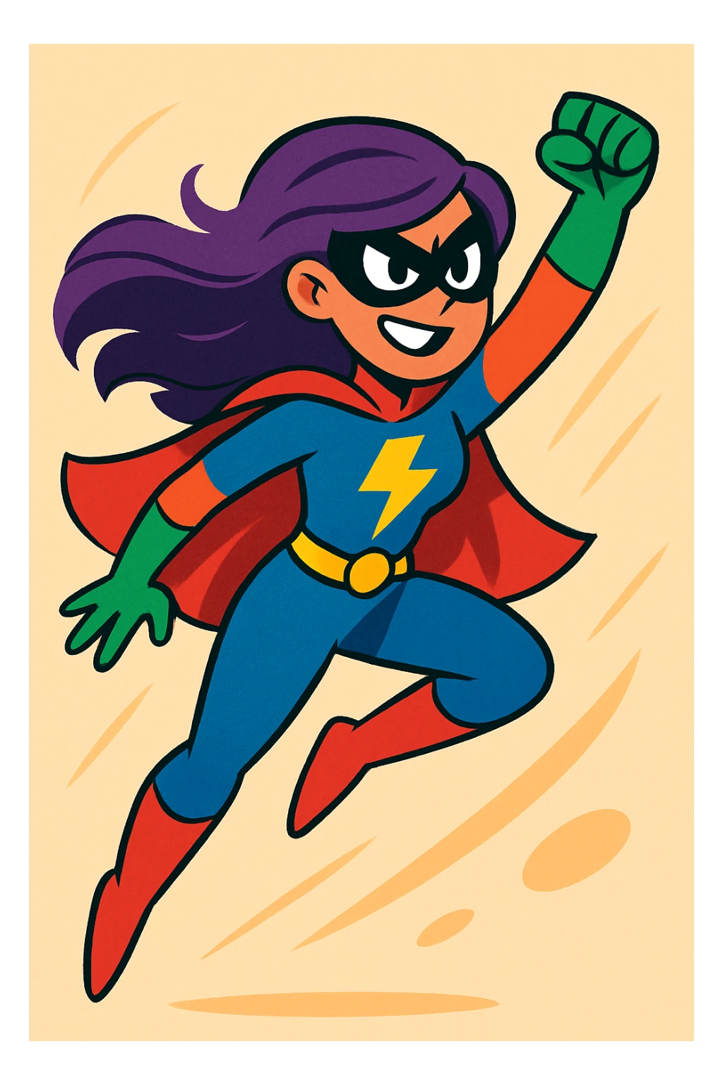 superhero with long purple hair, dynamic pose, vibrant toon style sticker