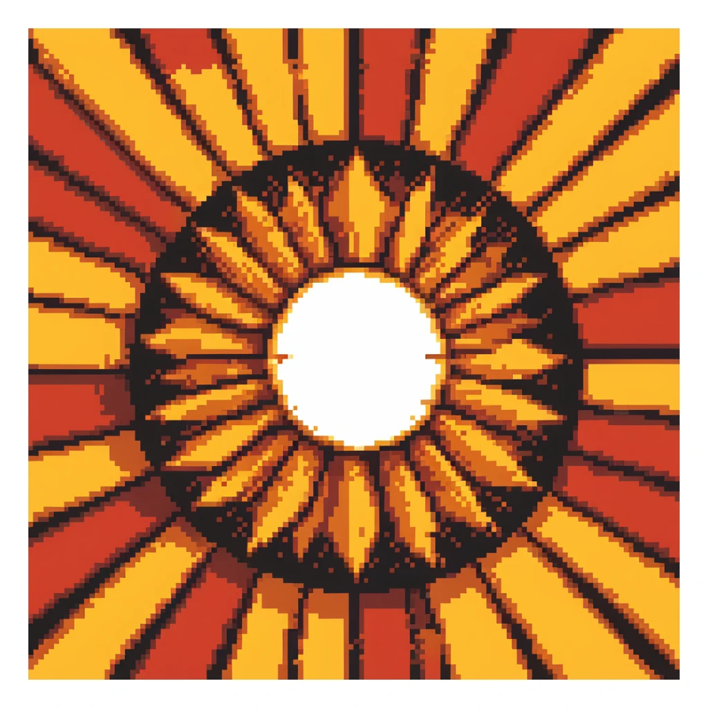Center explosion tile for Bomberman game, circular blast with orange-yellow core transitioning to red edges, 64x64 sticker