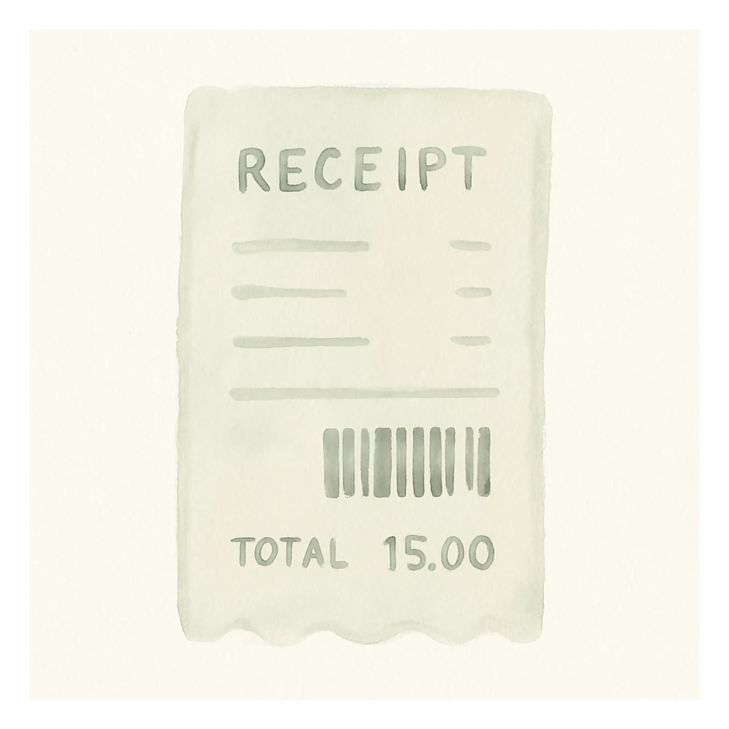 a receipt with a barcode and total, watercolor style sticker