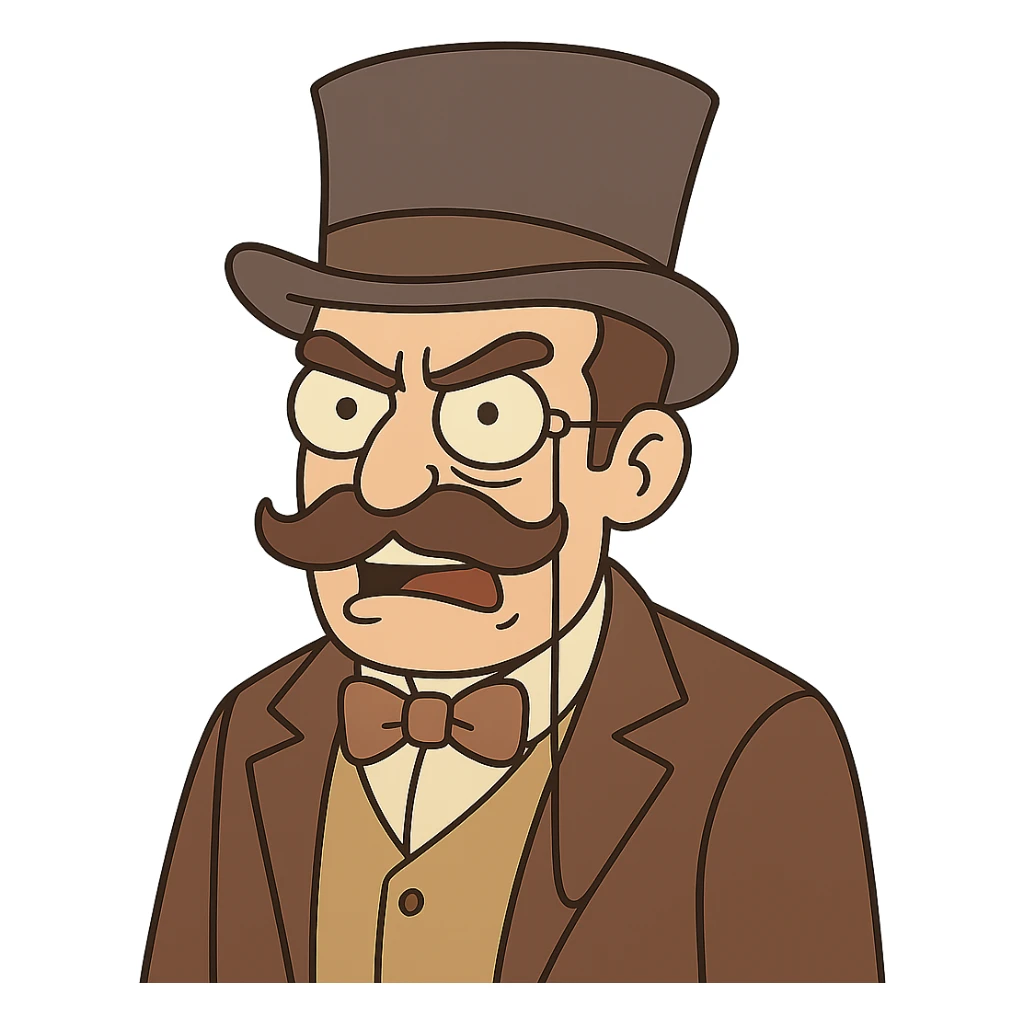 Make the man with mustache, top hat, and monocle look angry, in flat toon style, with no background. sticker