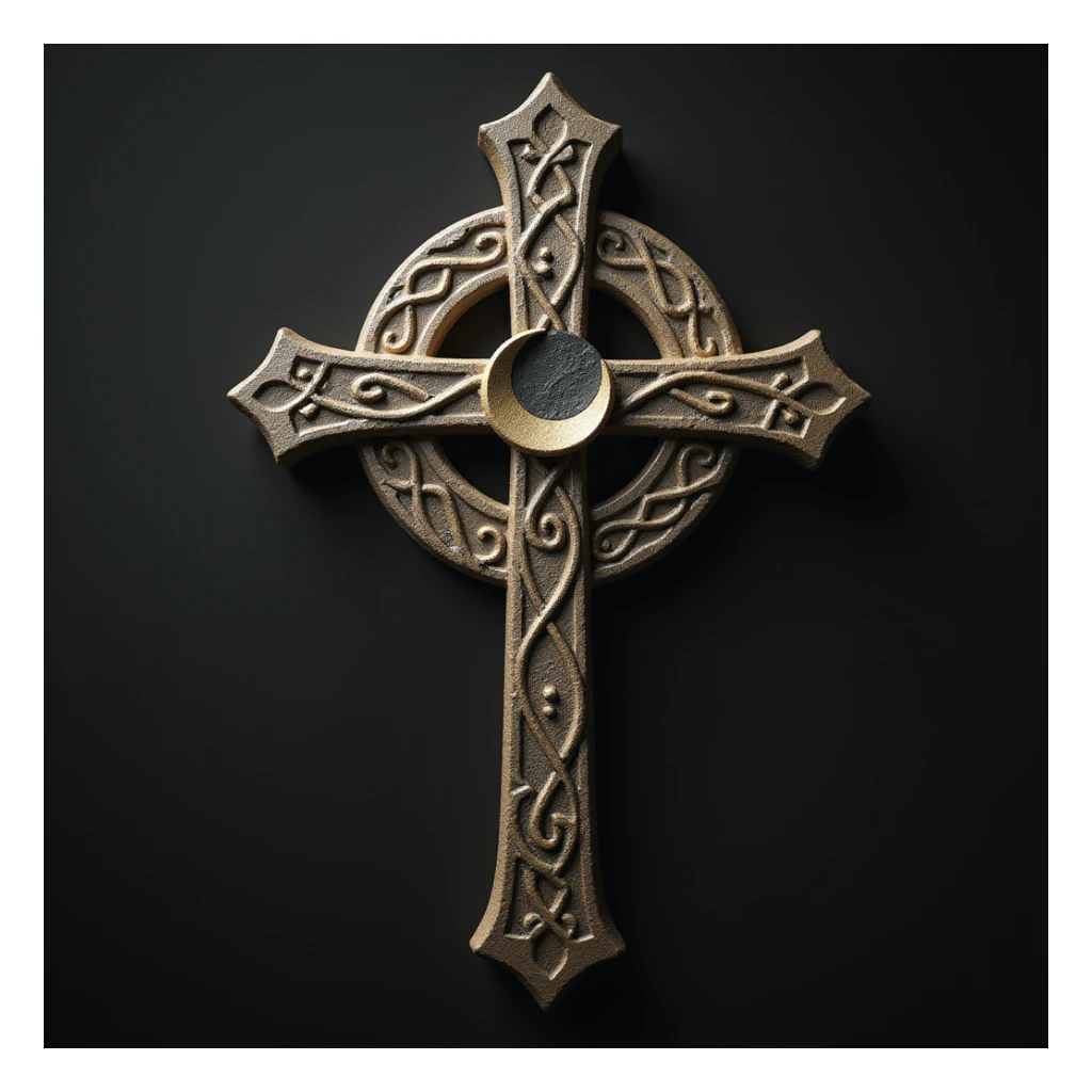 realistic gothic cross, with a crescent moon, photorealistic style sticker