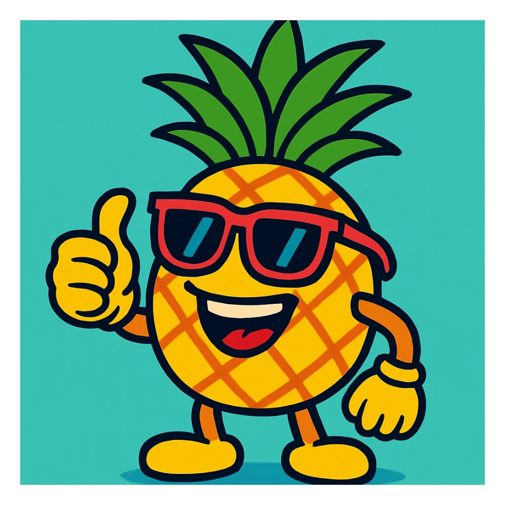 cartoon pineapple wearing sunglasses, smiling, giving a thumbs up sticker