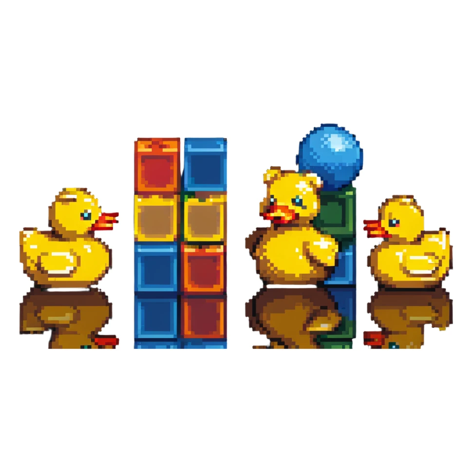 toy collection scattered - teddy bear, rubber duck, building blocks, ball, action figures sticker