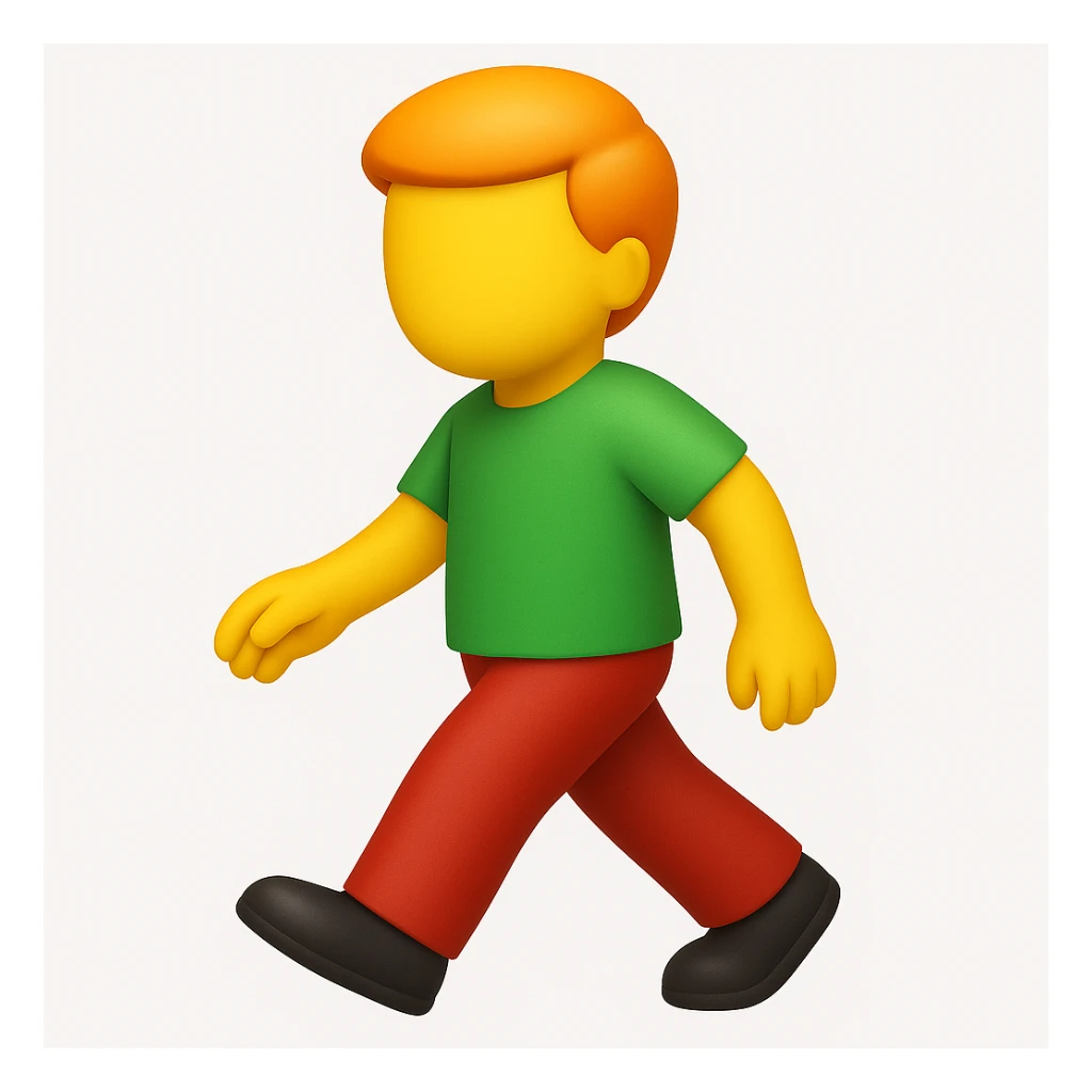 Make a more emoji-like image that looks exactly like the reference: walking man, no face, orange hair, green shirt, moderate red pants, black shoes, 3D iOS emoji style. Add a subtle highlight to the hair. sticker