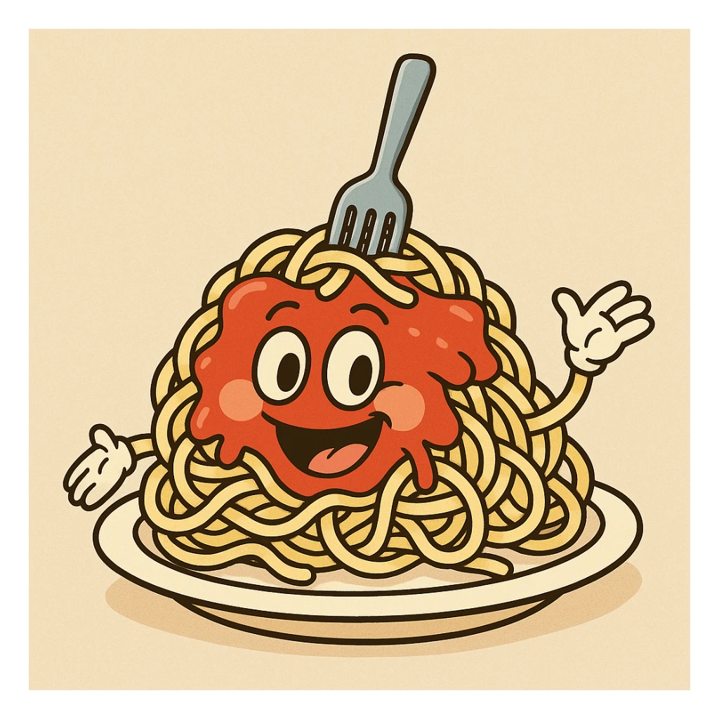 spaghetti pasta, cartoon style, playful, bright colors, smiling face, fun food character sticker