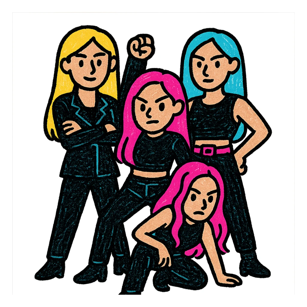 a kpop group, sleek black outfits, powerful pose, pop colors style sticker