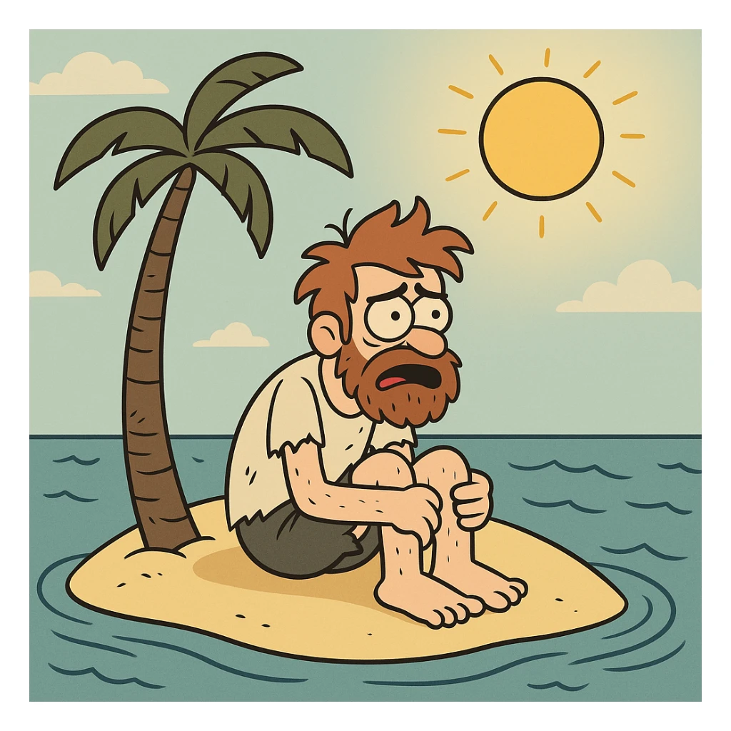 stranded man on island with sun overhead in flat toon style sticker