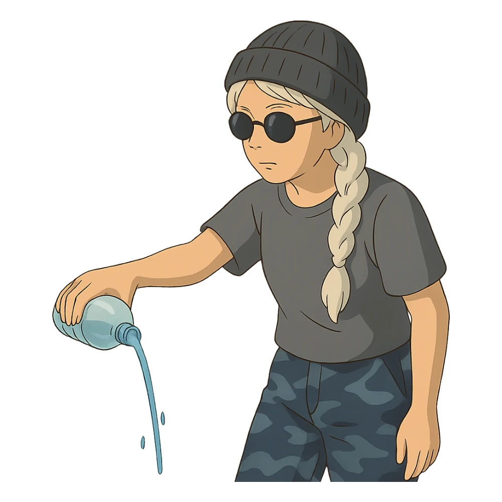 1 female, long white braid, knit cap, dark sunglasses, GRAY T-SHIRT, blue camo pants, gazing slightly down, POURING OUT A WATER BOTTLE on the ground sticker