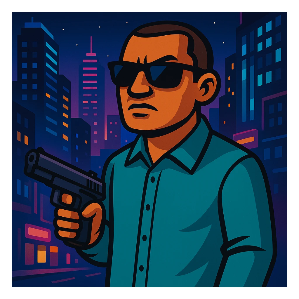 Change background to a vibrant night city, keep GTA character with gun in foreground. Maintain the original style and details of the character while updating the background to a vibrant night cityscape. sticker