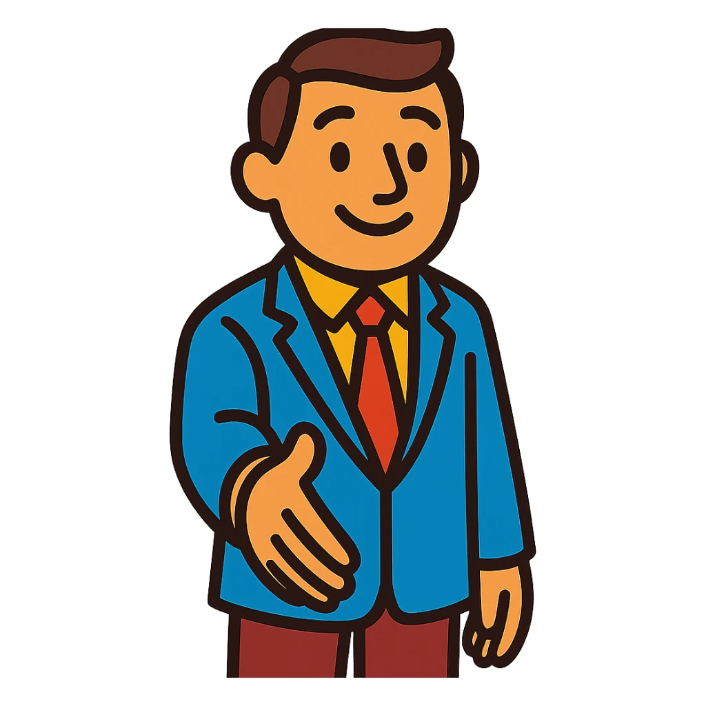 polite person offering a handshake, kind and approachable, vibrant toon style sticker
