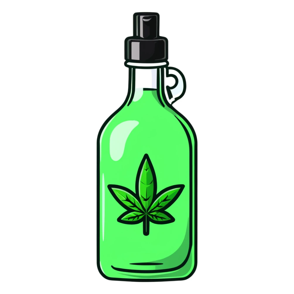 Curved red glass bottle like Coca-Cola with a green cannabis leaf printed on it and a label sticker