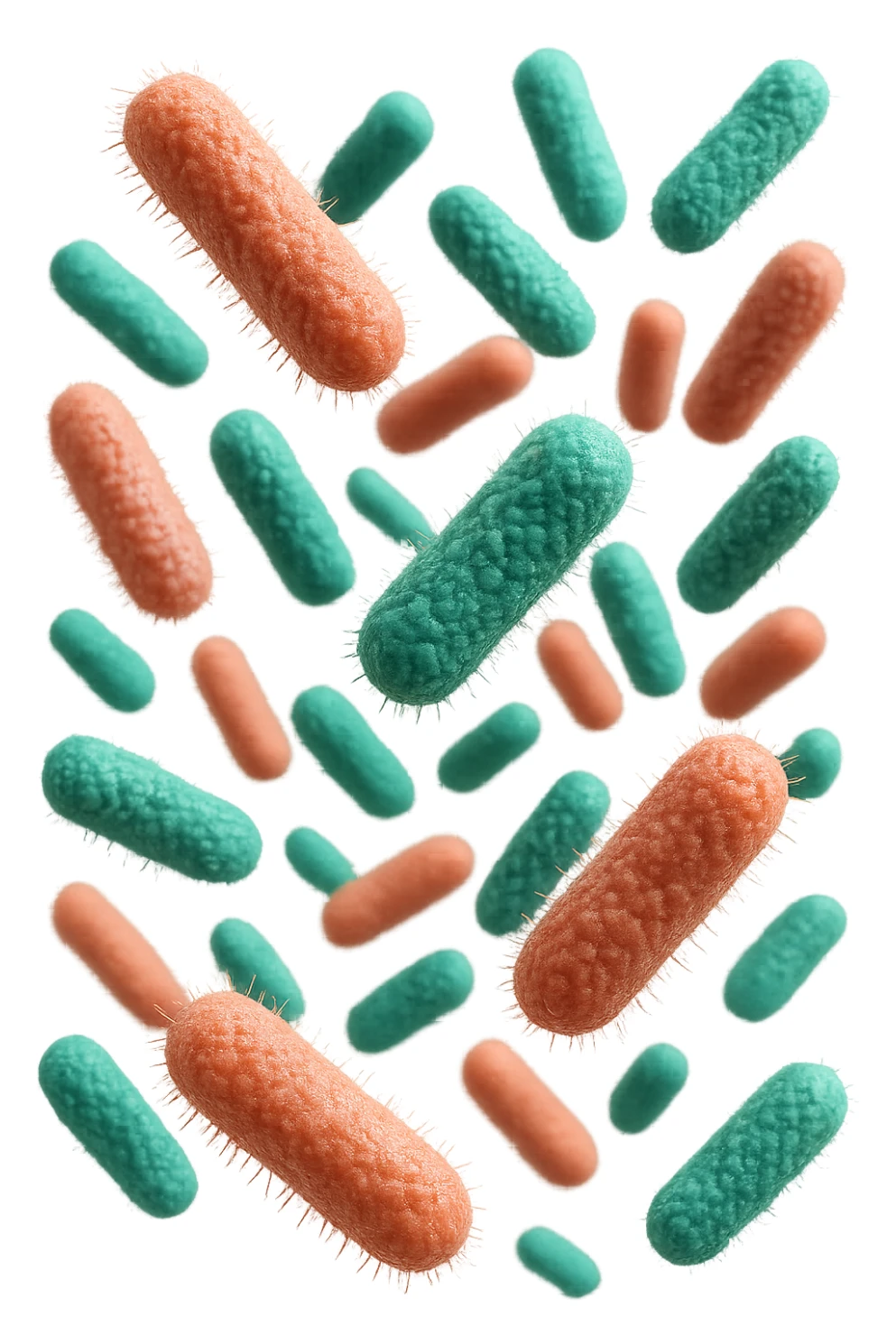 batteri intestinali rosa salmone e turchesi fluttuano in aria, iperrealistici 4k sticker