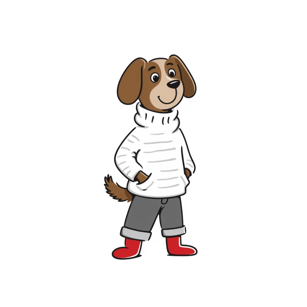 Brown dog standing upright with hands in jean pockets, wearing a white sweater and red shoes sticker